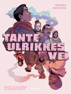 Forsiden av Tante Ulrikkes Vei. Tante Ulrikkes Vei står det med boligblokkformede bokstaver. Hodene til karakterene i boken stikker opp over teksten og ned under teksten.